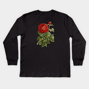 Red Rose Flower Vintage Botanical Illustration Kids Long Sleeve T-Shirt